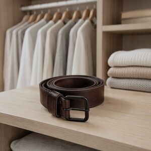 AllSaints Dark Brown Leather Belt with Matte Black Buckle